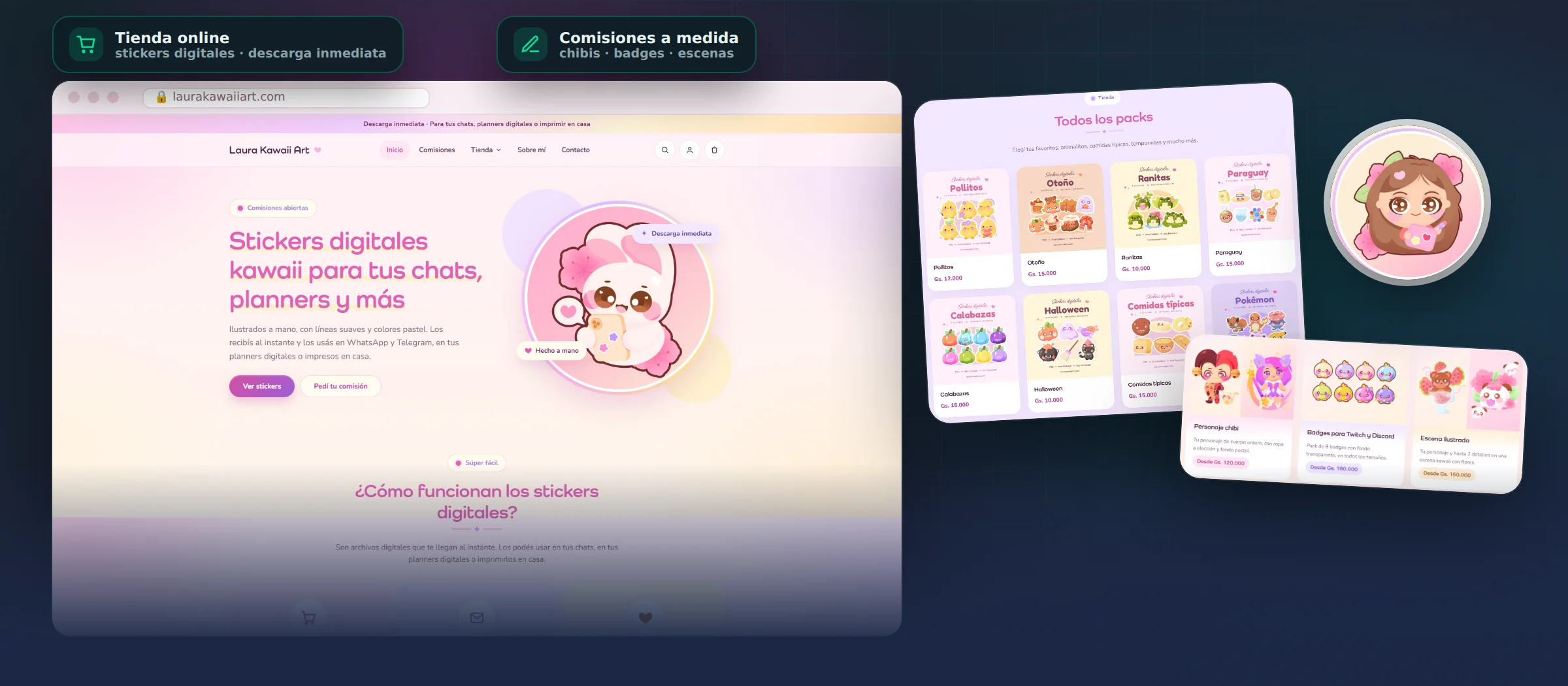 Laura Kawaii Art en computadora: inicio de la tienda, catálogo de packs de stickers y comisiones a medida